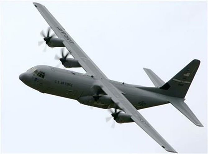 This 2007 file photo shows a C-130-J transport aircraft over Little Rock Air Force Base in Jacksonville, Ark. President Obama authorised US airstrikes in northern Iraq, Thursday, Aug. 7, 2014, warning they would be launched if needed to defend Americans from advancing Islamic militants and protect civilians under siege. Photo: AP