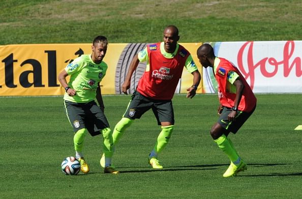 Brazil's Neymar (L), Maicon (C) and Ramires during a training session for the World Cup 2014 in Teresopolis, Rio de Janeiro state. Photo: AFP/Getty Images