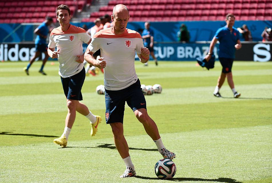 5.	Netherlands' forward Arjen Robben takes part in a training session at the National Stadium in Brasilia on July 11, 2014 on the eve of the 2014 FIFA World Cup football match for third place between Netherlands and Brazil. Photo:  AFP/Getty Images