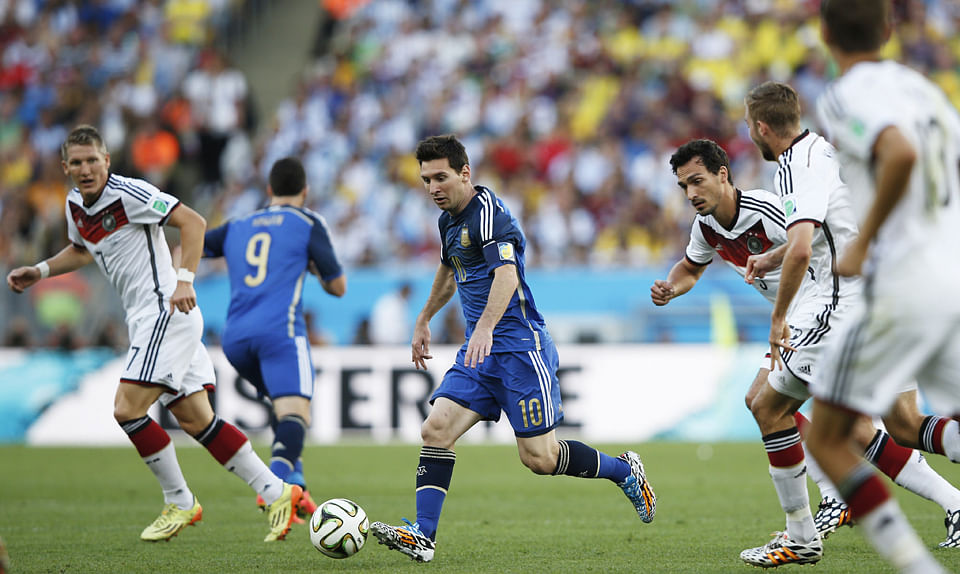 Argentina's forward and captain Lionel Messi (C) controls the ball during their 2014 FIFA World Cup final match at the Maracana Stadium in Rio de Janeiro on July 13, 2014. Photo: Getty Images