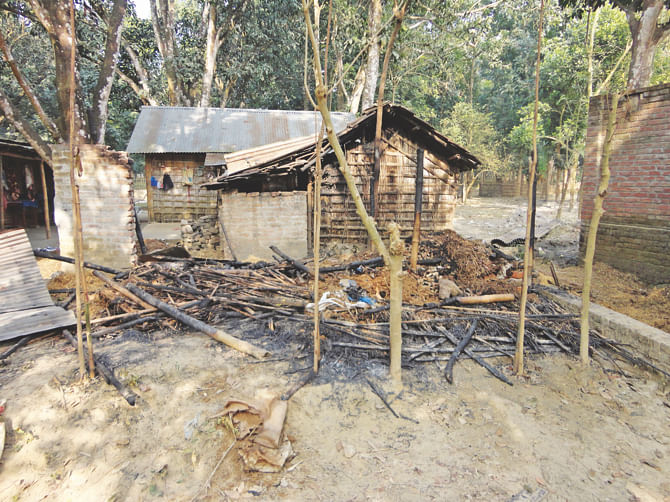 A burnt down home at Rasulpur of Shibganj upazila in Chapainawabganj and a ransacked room of another home in the same area. Photo: Star