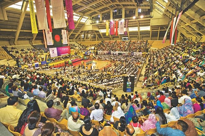The National Indoor Stadium in Mirpur buzzing with smart O- and A-level students and their proud parents yesterday. Photo: Star