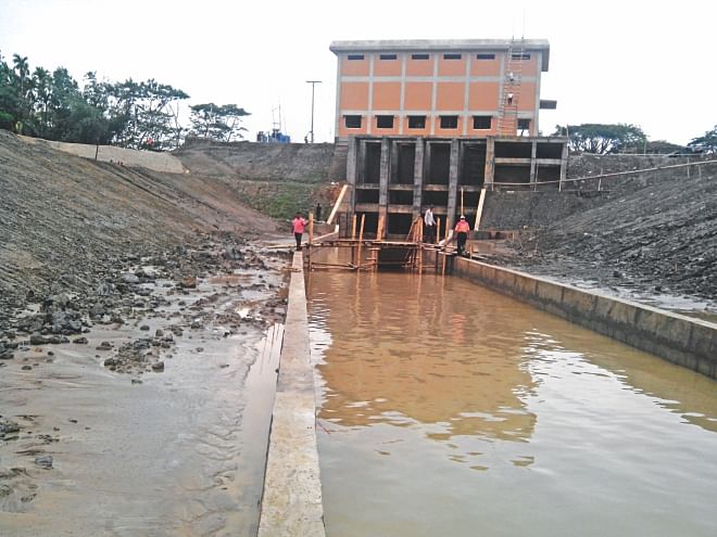 A pump station at a reservoir in Zakiganj upazila of Sylhet being built to irrigate cropland in five upazilas of the district under the Upper Surma-Kushiyara project. Photo: Iqbal Siddiquee