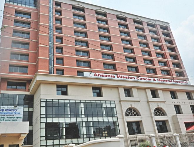 The newly built 15-storey Ahsania Cancer and General Hospital in the capital's Uttara, which was inaugurated by Prime Minister Sheikh Hasina yesterday. Photo: Star