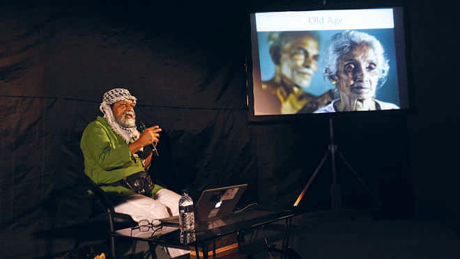 Shahidul Alam at the Hay Festival session ‘Once Upon a Time’.  Photo: Prabir Das
