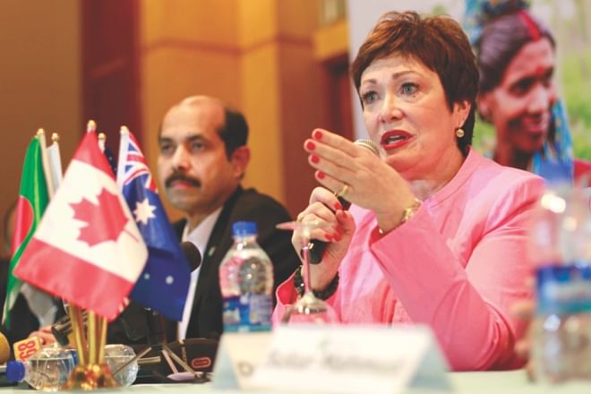 Ellen Tauscher, right, independent chair of the Alliance and a former US congresswoman, speaks at a press conference in Dhaka yesterday. Atiqul Islam, BGMEA president, is also seen. Photo: STAR
