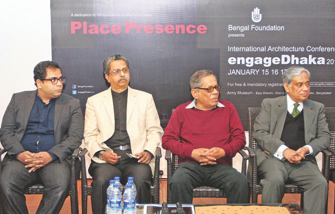From left, Kashef Mahbub Chowdhury, an architect; Jalal Ahmed, general secretary of the Institute of Architects Bangladesh; Bashirul Haq, another architect; and Abul Khair Litu, chairman of Bengal Foundation, at a press conference at The Daily Star Centre in the capital yesterday announcing an international architecture conference titled ‘Engage Dhaka 2015’ to be held from January 15 to 17 at Bangladesh Military Museum on Bijoy Sarani. Photo: Star