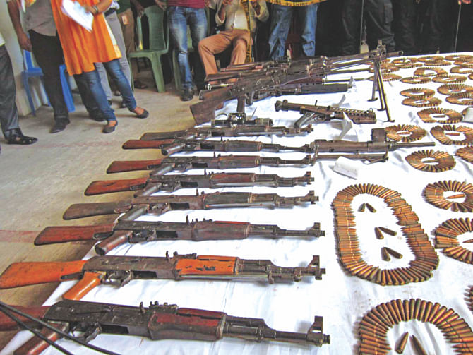 Arms and ammunition recovered from the Satchhari National Park in Habiganj. Photo: Star