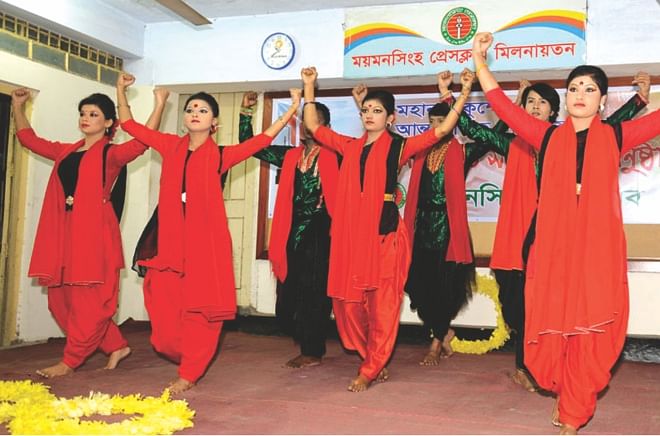 Artistes perform in a programme at Mymensingh. Photo: Star 