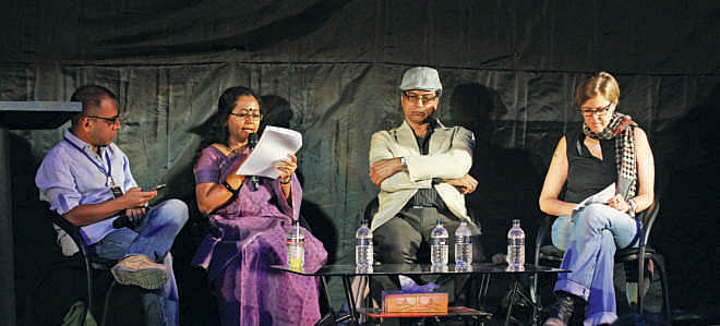 From left: Arunava Sinha, Shaheen Akhtar, Kaiser Haq and Kate Griffin  discussing literary translation at the Hay Festival, Dhaka. Photo: Prabir Das