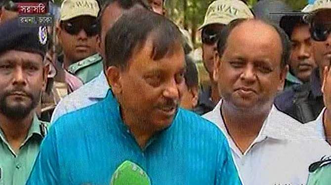 State minister for Home Assaduzzaman Khan talks to reporters about tight security measures taken at the Ramna Batamul in the capital on the first day of Bangla New Year. Photo: TV grab 
