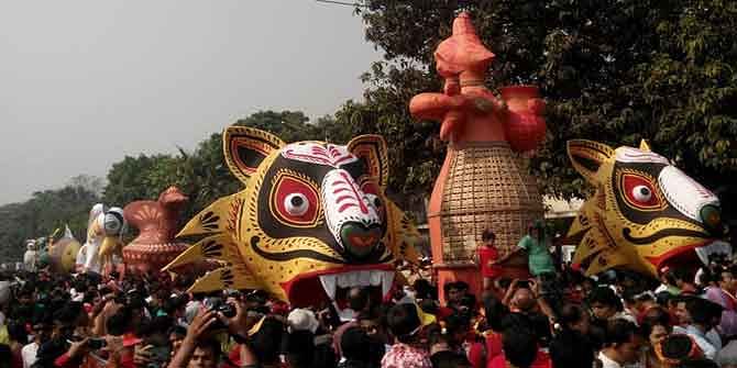 Students of the Institute of Fine Arts of Dhaka University bring out a colourful procession, known as Mongol Shobhajatra, in the capital to celebrate Pahela Baishakh. Photo: Fardaus Mobarok