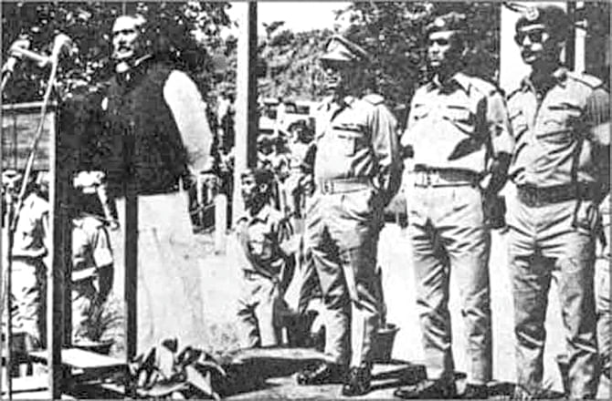  Bangabandhu Sheikh Mujibur Rahman speaks at the inauguration of Comilla Military Academy in 1973. Maj Gen Ziaur Rahman, then deputy chief of army staff, is standing, right, behind Bangabandhu. Photo: File 