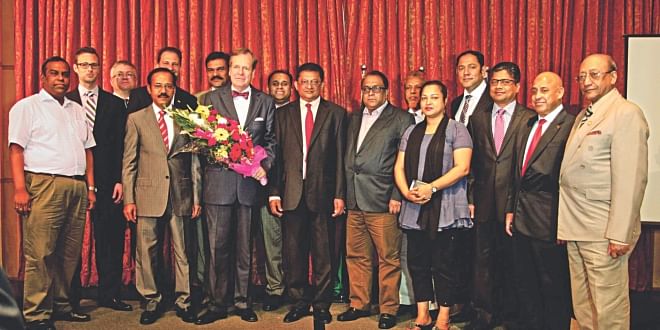 Bangladesh German Chamber of Commerce and Industry farewells outgoing German Ambassador Albrecht Conze at the Westin in Dhaka yesterday. BGCCI President Sakhawat Abu Khair and Executive Director Daniel Seidl are also seen.  Photo: BGCCI 