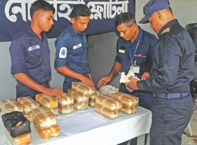 Bangladesh Navy yesterday shows the media yaba tablets. Photo: Star