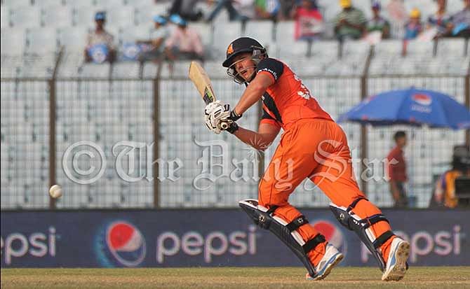 Dutch batsman Wesley Barresi flicks a delivery against a World T20 Match against England in Chittagong today. Photo: Anurup Kanti Das