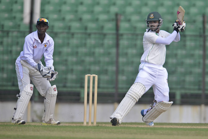 Shamsur Rahman of BCB XI plays a shot to the off-side against Zimbabwe in Fatullah yesterday. Shamsur scored 69 runs, helping the BCB XI reach 252 for 6 by stumps. Photo: Star