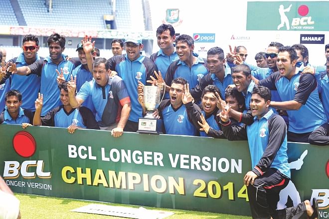 Champions Prime Bank South Zone pose with the trophy after beating BCB North Zone in the Bangladesh Cricket League final at the Sher-e-Bangla National Stadium in Mirpur yesterday.   PHOTO: STAR 