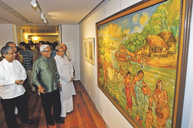 Chairperson of Bengal Foundation Abul Khair, left, Brac founder Sir Fazle Hasan Abed, middle, and Professor Emeritus Anisuzzaman looking at paintings of SM Sultan after inaugurating the Daily Star-Bengal Arts Precinct at The Daily Star Centre yesterday. Photo: Star