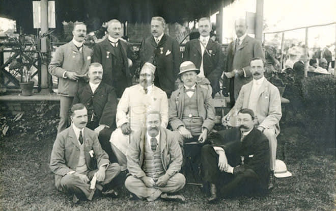 Bernard (front left) and others with Nawab Salimullah of Dhaka, Ramna  Racecourse, circa 1902.
