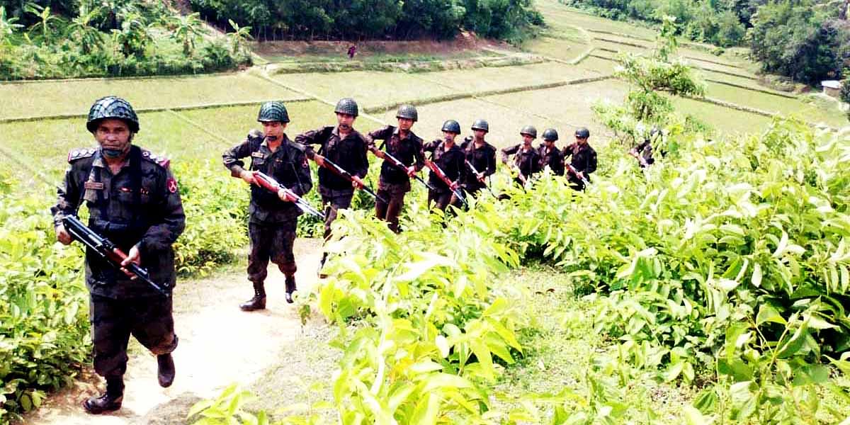 Members of Border Guard Bangladesh patrol on Mayanmar border on Friday. 