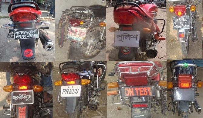 Thousands of unlicensed motorcycles, bearing names of different departments and service providers instead of the number plates, ply roads across Jhenidah district, thanks to the negligence of the authorities concerned.  PHOTO: STAR