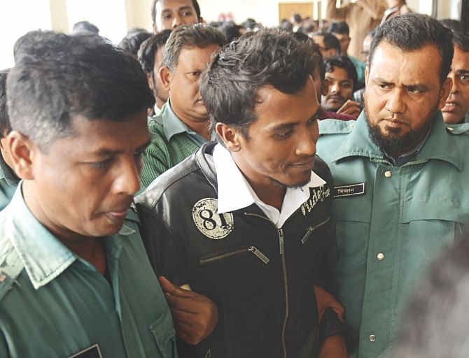 BITTER HAPPY: Policemen escort Bangladesh pace bowler Rubel Hossain (top) from a Dhaka court to the Central Jail after a metropolitan magistrate rejected his bail petition yesterday against a rape case filed by Naznin Akter Happy (R). Rubel has recently been named in the 15-member Bangladesh squad for next month's World Cup down under. Photos: Star