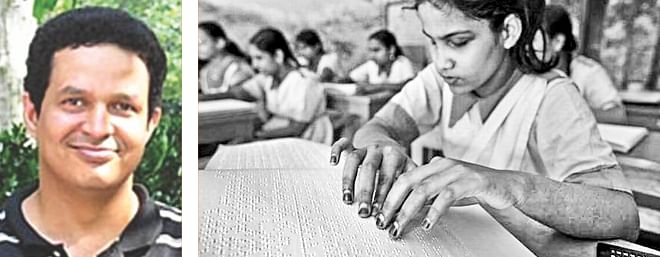 Ragib Hasan, left, initiated a move which led to blind children getting Braille and digital audio textbooks. Photo: Star