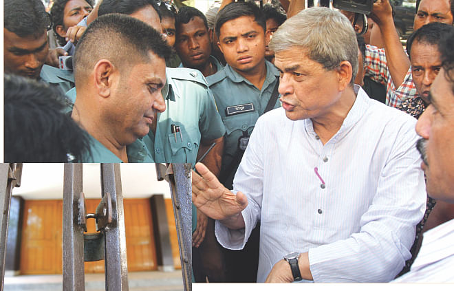 BNP acting secretary general Mirza Fakhrul Islam Alamgir talks to a police official at the Institute of Engineers, Bangladesh (IEB) in the capital yesterday as he learns that permission for a meeting called by the party at the IEB auditorium was cancelled. Inset, the locked gate of the IEB auditorium. Photo: Star