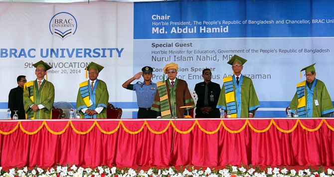 From left to right, Brac University's Vice Chancellor Prof Syed Saad Andaleeb, Chairperson of the university's Board of Trustees Sir Fazle Hasan Abed, President Abdul Hamid, Education Minister Nurul Islam Nahid and Professor Emeritus Anisuzzman at the ninth convocation of Brac University at Army Stadium on Thursday. Photo: Courtesy