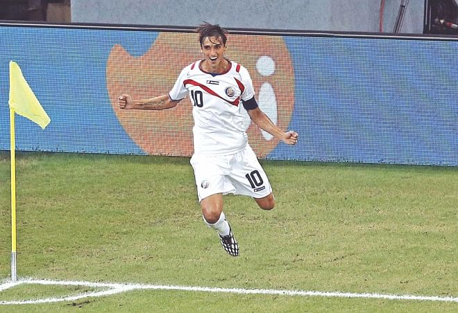 Costa Rica forward Bryan Ruiz celebrates his opening goal against Greece during their World Cup round of 16 match at the Pernambuco Arena in Recife last night. Photo: AFP