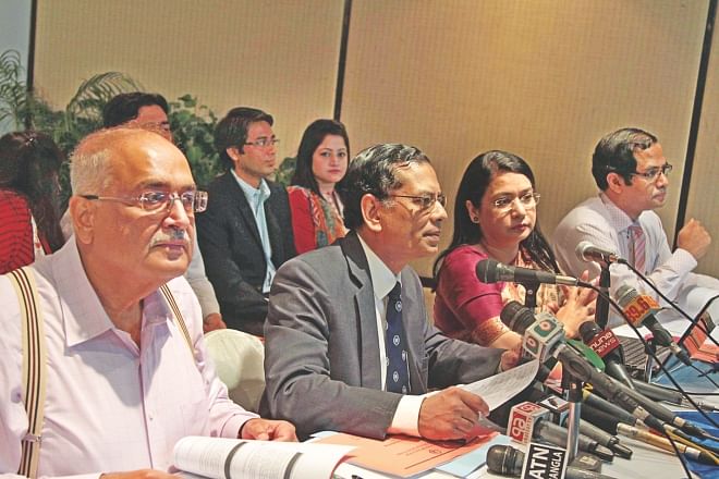From left, Debapriya Bhattacharya, distinguished fellow of CPD; Mustafizur Rahman, executive director; Fahmida Akter Khatun, research director; and Khondaker Golam Moazzem, additional research director, attend a budget briefing in Dhaka yesterday.  Photo: Star