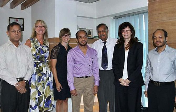 Canadian High Commissioner Heather Cruden leads a five-member delegation during a visit to BSM Group's office in Khatunganj, Chittagong yesterday. Photo: BSM Group
