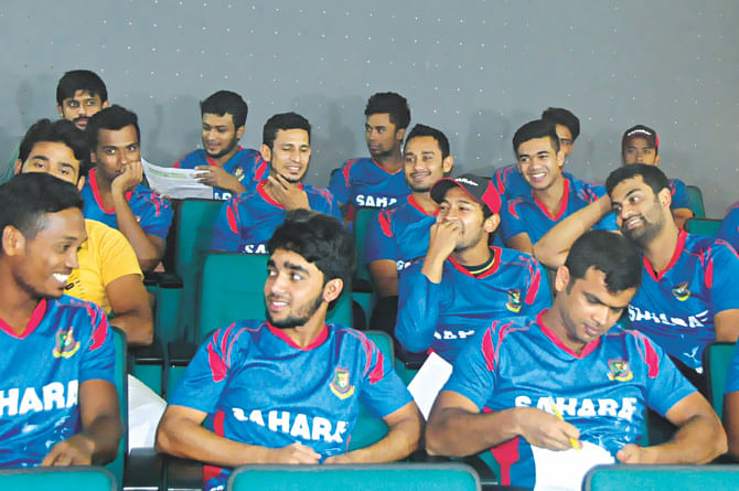 Bangladesh national cricketers resumed their camp after Eid with a two-hour long meeting with Chandika Hathurusingha (not in picture) at Mirpur yesterday where they were asked to explain their future goals. PHOTO: STAR