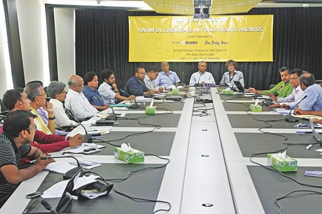Discussants at a roundtable on “Harmful Chemicals in Food: Health Hazards” jointly organised by The Daily Star and BSRM at The Daily Star Centre in the capital yesterday. Photo: Star