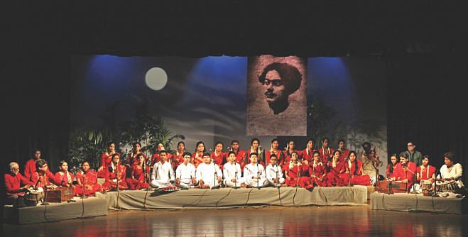 Young Chhayanaut students perform a chorus; (below) a dance number being presented.  Photo: Ridwan Adid Rupon