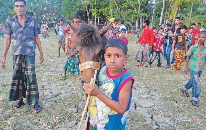 Eight-year-old Shakil beside the horse he will be competing on. Photo: Star