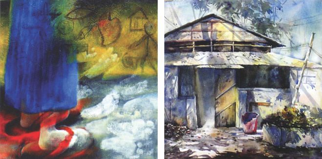(From left): artworks by Rajib Roy and Rumana Islam Rupa.