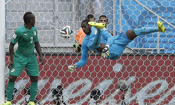 Ivory Coast's goalkeeper Boubacar Barry (C) concedes a second goal during the Group C football match between Colombia and Ivory Coast at the Mane Garrincha National Stadium in Brasilia during the 2014 FIFA World Cup on June 19, 2014. Photo: Getty Images