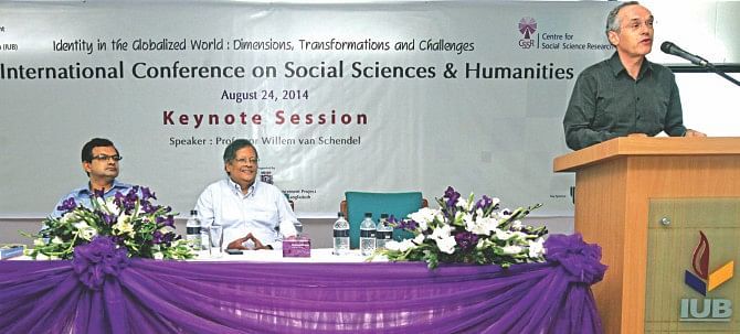 Prof Willem van Schendel presents the keynote on 'Interconnected Asia' on the second day of a three-day international conference on Social Sciences and Humanities yesterday. Centre for Social Science Research (CSSR) of Independent University, Bangladesh (IUB) organised the conference on the university campus. Photo: Star