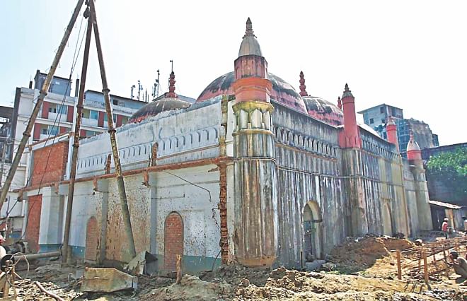The construction work going on right beside the historic mosque. The photos were taken recently. Photo: Anurup Kanti Das