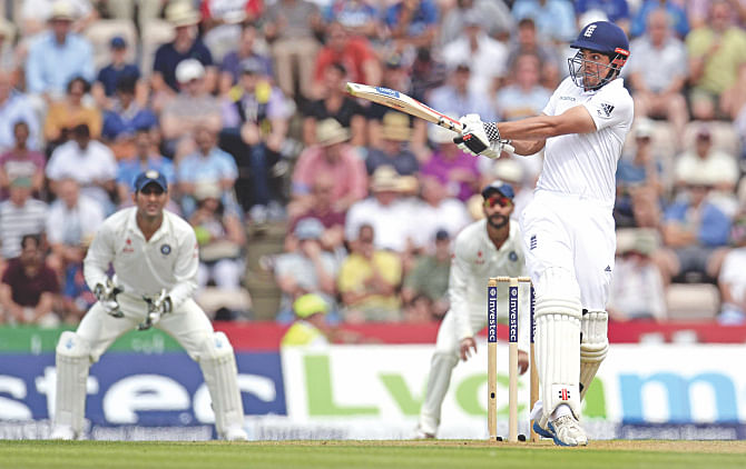 England captain Alastair Cook pulls one on way to hitting 95 on the first day of the third Test against India at Rose Bowl in Southampton on Sunday. PHOTO: REUTERS
