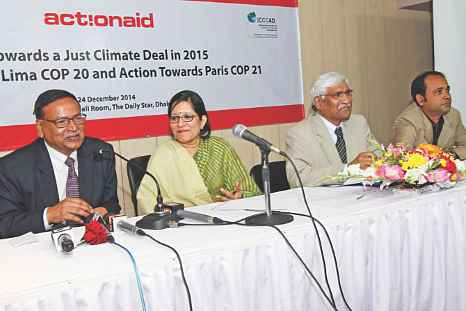 From left, Dr Saleemul Haque, Farah Kabir, Dr Atiq Rahman and Golam Rabbani at a post-Lima conference discussion organised by ICCCAD, ActionAid, and the Bangladesh Centre for Advanced Studies at The Daily Star Centre in the capital yesterday.     Photo: Star