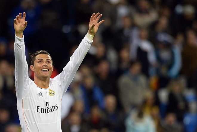 Real Madrid superstar Cristiano Ronaldo celebrates his second goal against Celta Vigo during their Primera Liga encounter at the Bernabeu on Monday. Photo: AFP