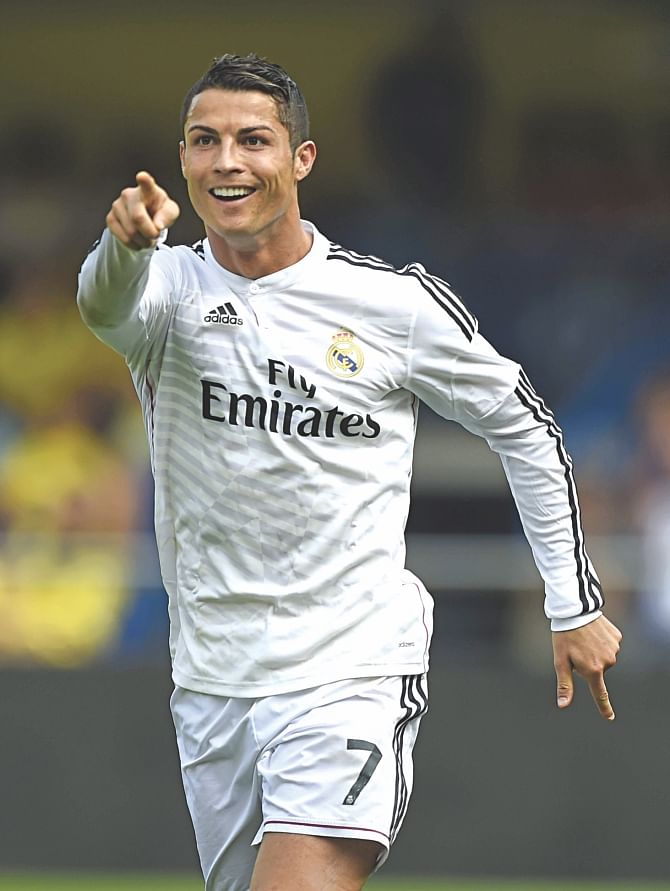 Real Madrid's Portuguese superstar Cristiano Ronaldo has been showering goals this season. Here the prolific marksman celebrates his tenth La Liga goal against Villarreal at the El Madrigal Stadium yesterday. Photo: AFP