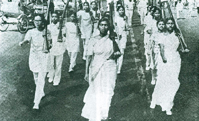 Nazneen Sultana participated at the 1971 march-past on the streets of Dhaka after female students completed their training for the liberation war. (In this picture, she is in the fourth row of the left side). 