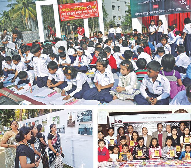 Clockwise (from top): Children take part in writing competition; awardees with guests at the programme and visitors at the exhibition.