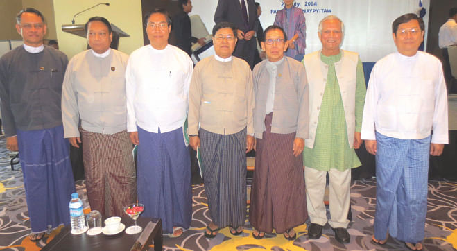 Second from right, Nobel laureate Prof Muhammad Yunus poses with the ministers of Myanmar after a recent conference in Nay Pyi Taw. Photo: Yunus Centre