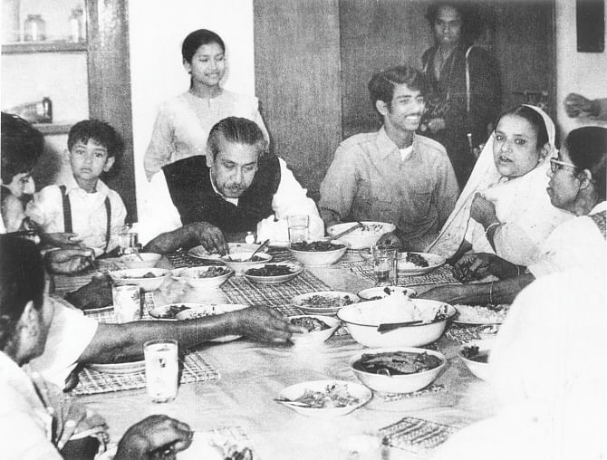 Father of the Nation Sheikh Mujibur Rahman having dinner with family on the first floor of his home on Dhanmondi-32 in the capital. Photo: File