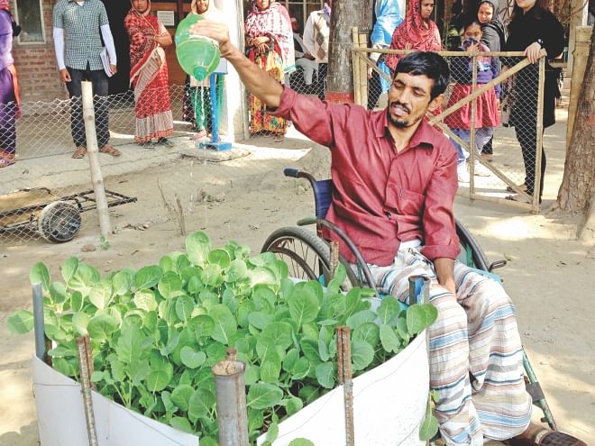 A disabled patient at CRP tending to his garden. Photo: Aditya Shaheen